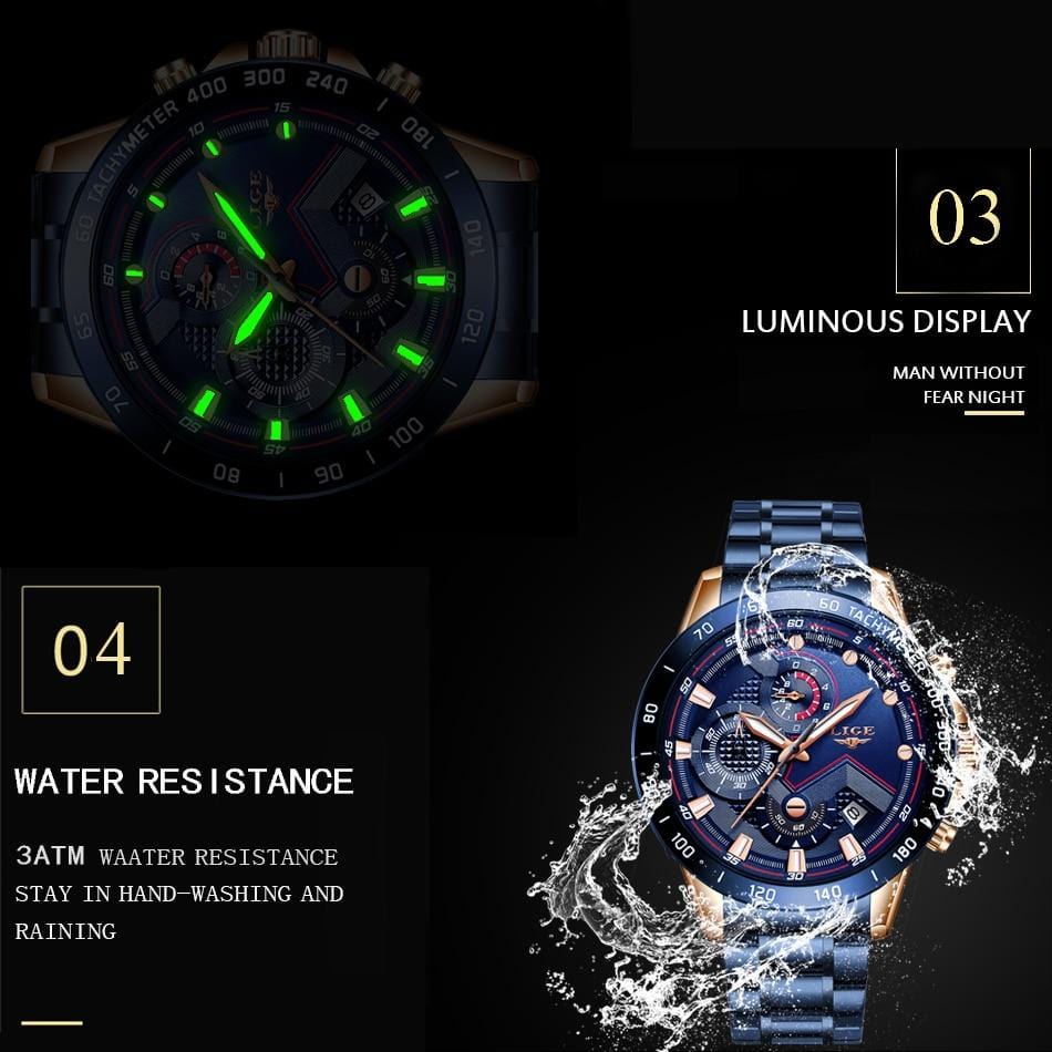 LIGE 2020 New Fashion Men's Watches with Stainless Steel Top