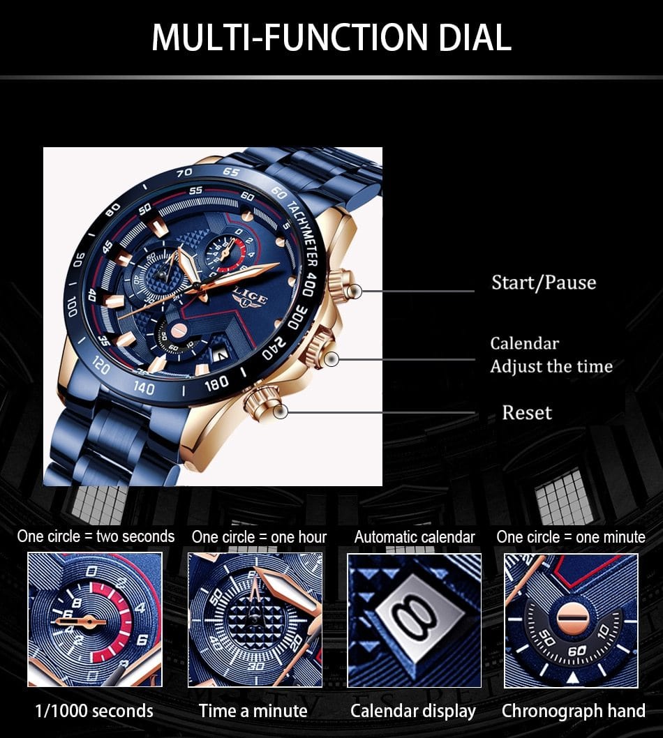 LIGE 2020 New Fashion Men's Watches with Stainless Steel Top
