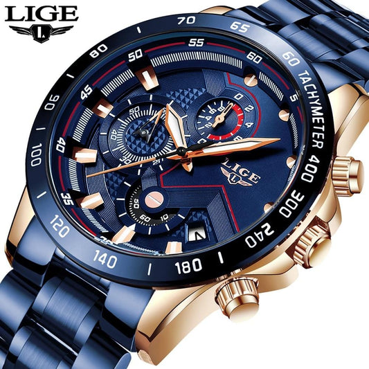 LIGE 2020 New Fashion Men's Watches with Stainless Steel Top